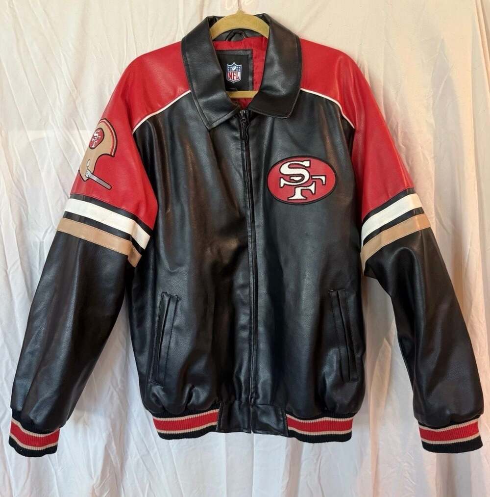 G-III Apparel NFL San Francisco 49ers Faux Leather Varsity Jacket Size Large